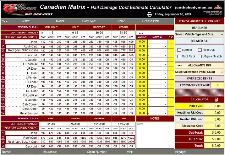 Canadian Matrix-Hail Damage Cost Estimate Calculator